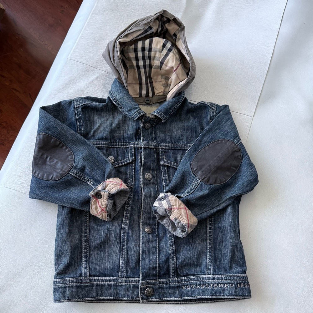 Baby kid vest jacket denim jean 4T Burberry removable hood blue